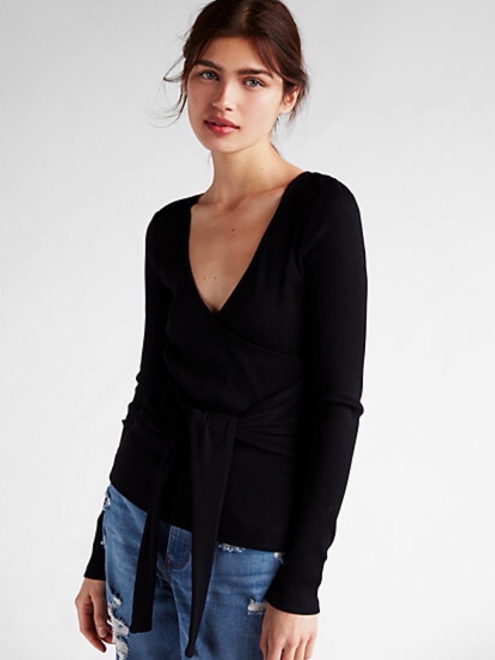 Express Black Ribbed Surplice Tie Long Sleeve Top